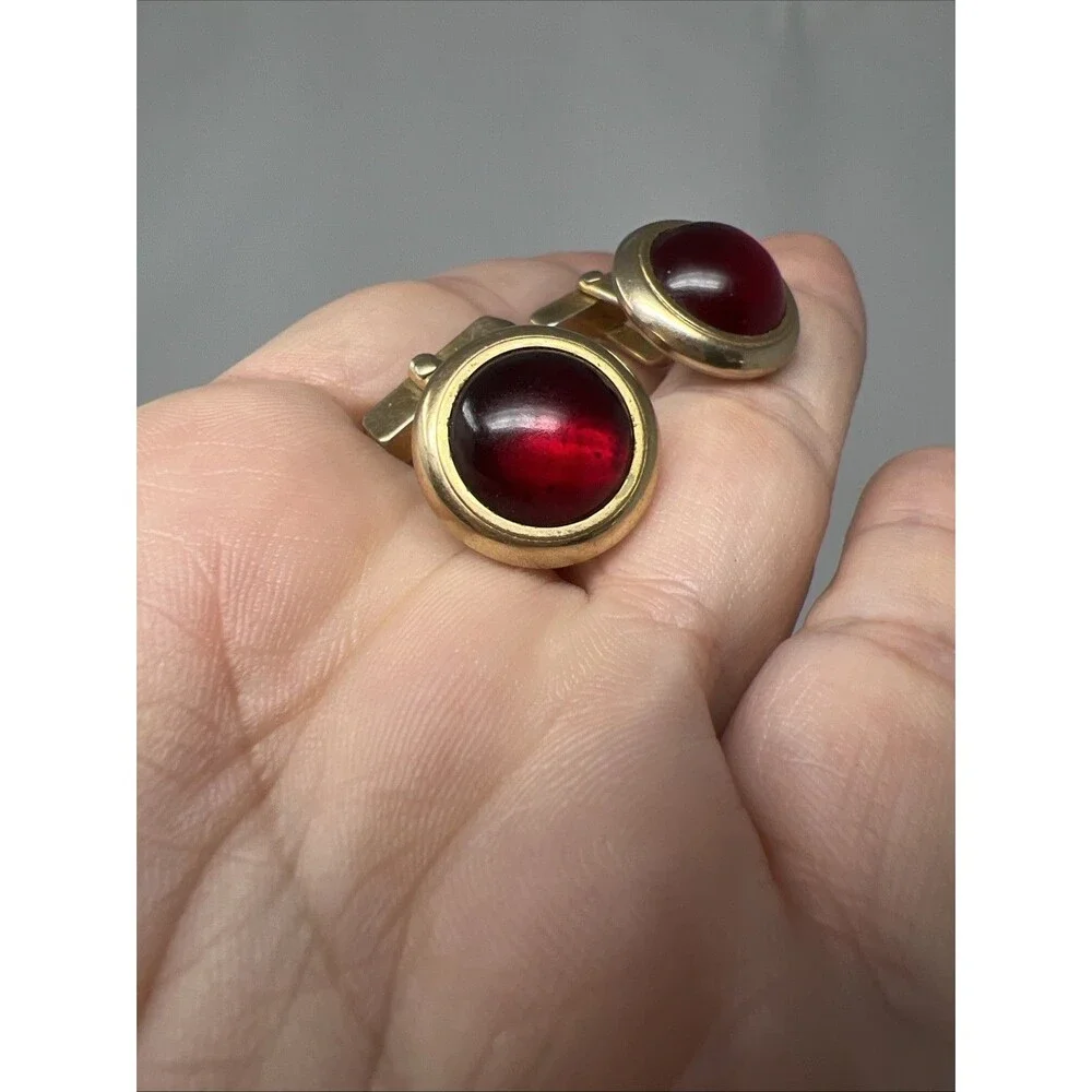 Vintage Swank Gold Tone Round Red Top Cufflinks MCM Retro Classy Men’s Fashion